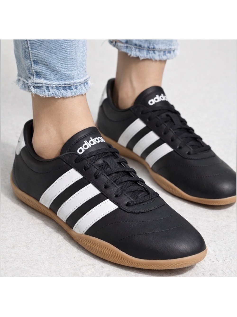 Adidas Women’s Grand Court Lo Black Leather White Stripes Sneakers Sz 8.5